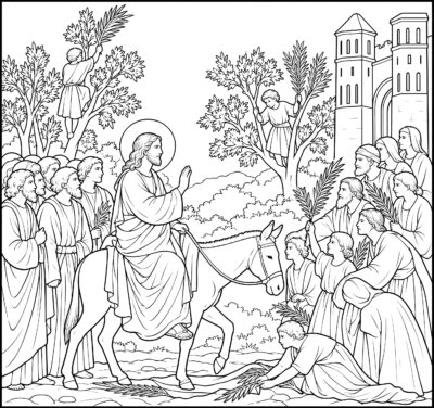 The Entry into Jerusalem coloring page inspired by The Entry into Jerusalem by Giotto, free printable Easter line art
