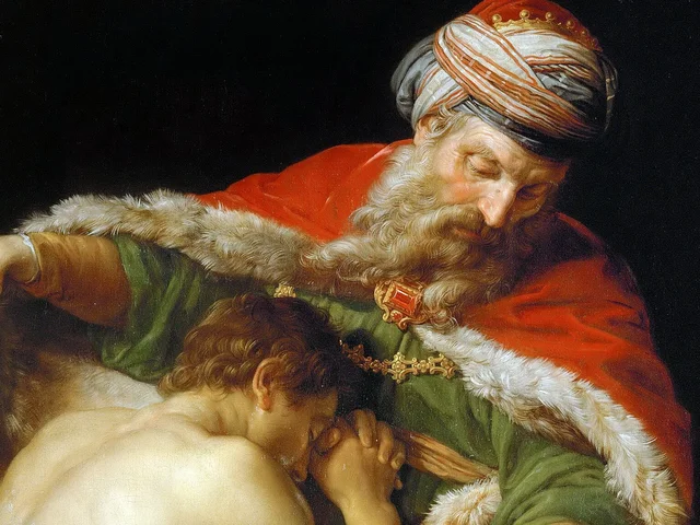 An old father in a white turban and red fur-lined cloak bends over his son, who weeps against his chest, detail of Pompeo Batoni's painting