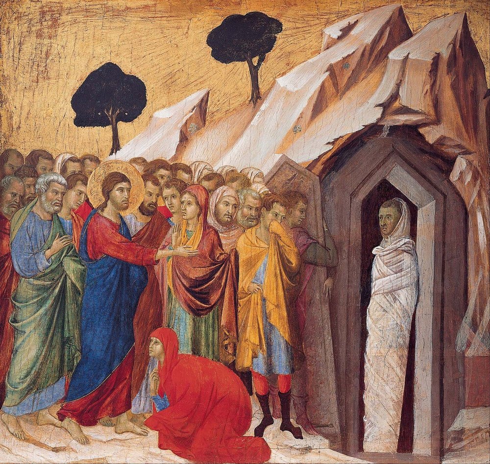 Duccio's Raising of Lazarus: Christ calling Lazarus, wrapped in white, out of a tomb while Martha and Mary kneel