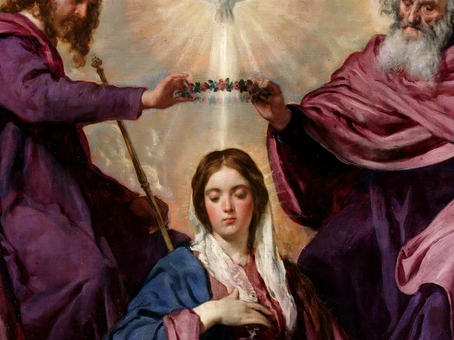 The Virgin Mary, eyes lowered and hand on her heart, as Christ and God the Father hold a crown of flowers above her head beneath the dove of the Holy Spirit