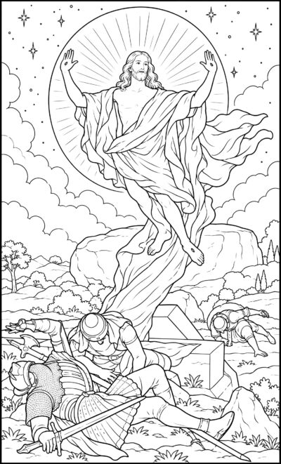 The Resurrection coloring page inspired by The Resurrection by Matthias Grünewald, free printable Easter line art