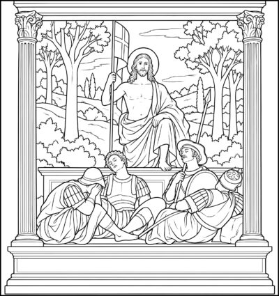 The Resurrection coloring page inspired by The Resurrection by Piero della Francesca, free printable Easter line art