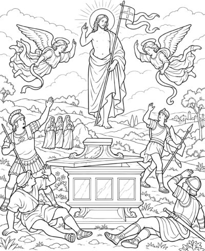 The Resurrection of Christ coloring page inspired by The Resurrection of Christ by Raphael, free printable Easter line art