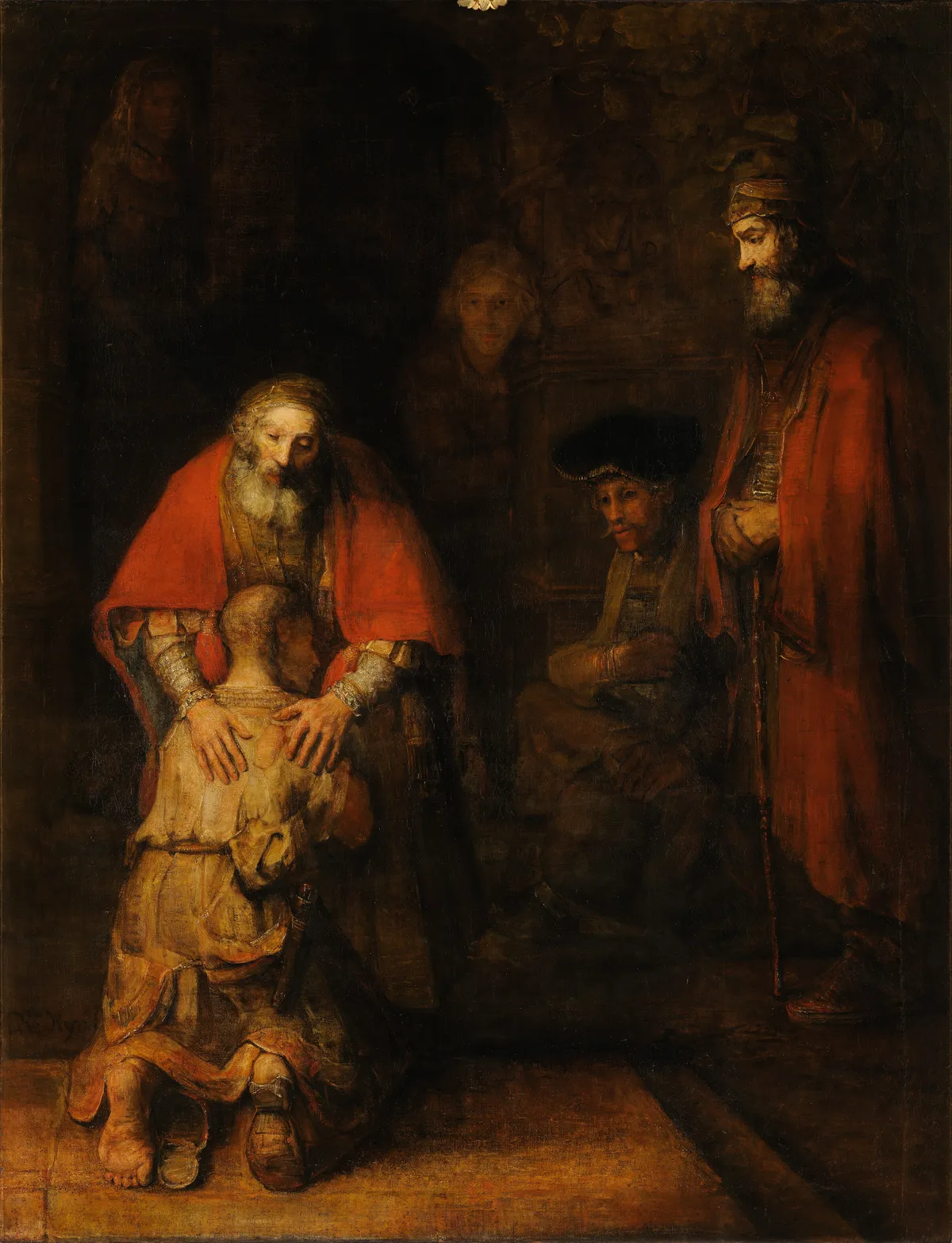 The ragged son kneels with his shaved head against his blind old father, who lays both hands on his back, while the elder brother stands apart on the right
