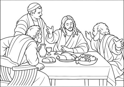 The Supper at Emmaus coloring page inspired by The Supper at Emmaus by Caravaggio, free printable Easter line art