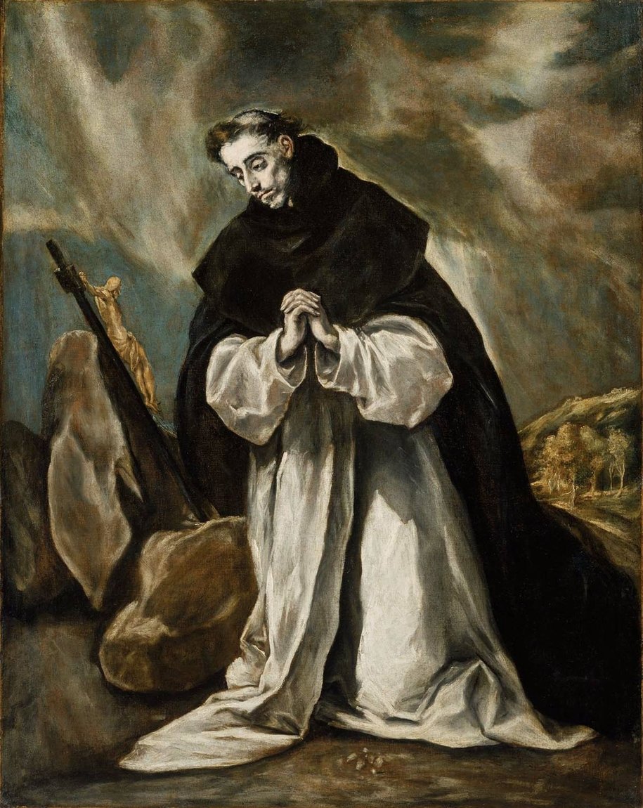 El Greco's Saint Dominic in Prayer: the saint in a black and white habit kneeling with joined hands before a cross on a rock