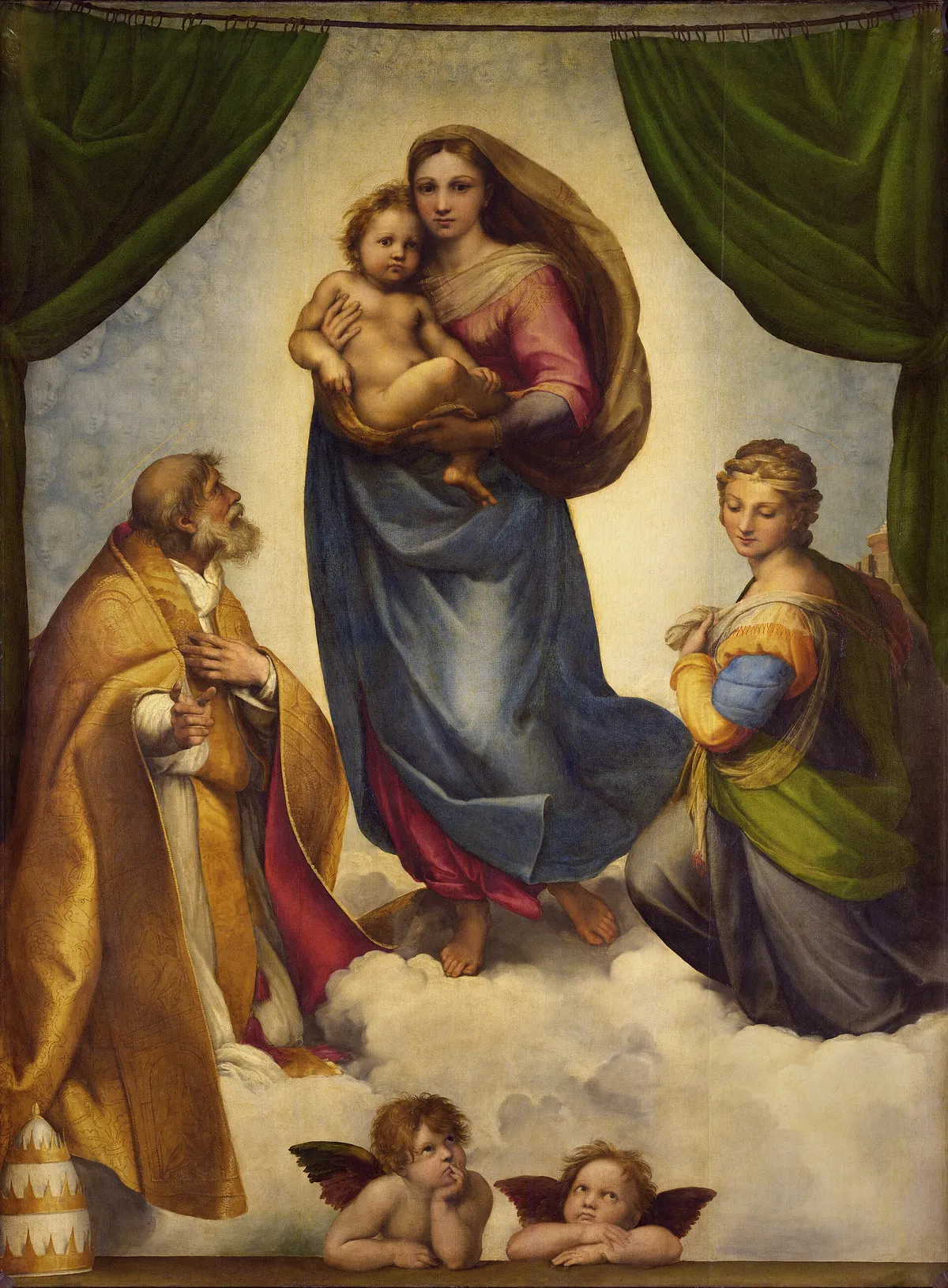 Raphael's Sistine Madonna: the Virgin carrying the Child steps forward on the clouds between Saint Sixtus and Saint Barbara, two cherubs leaning below