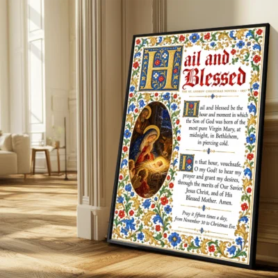 St. Andrew Christmas Novena Prayer Poster giclée fine art print (in a sunlit living room)