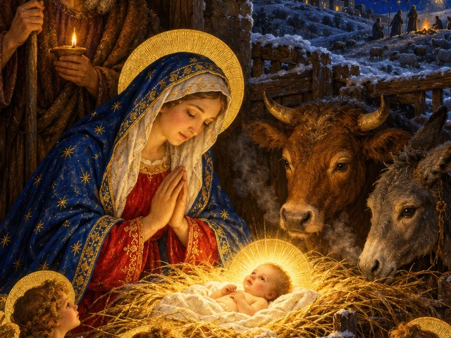 The Virgin Mary in prayer before the glowing Christ Child in the manger at midnight, with the ox and the donkey