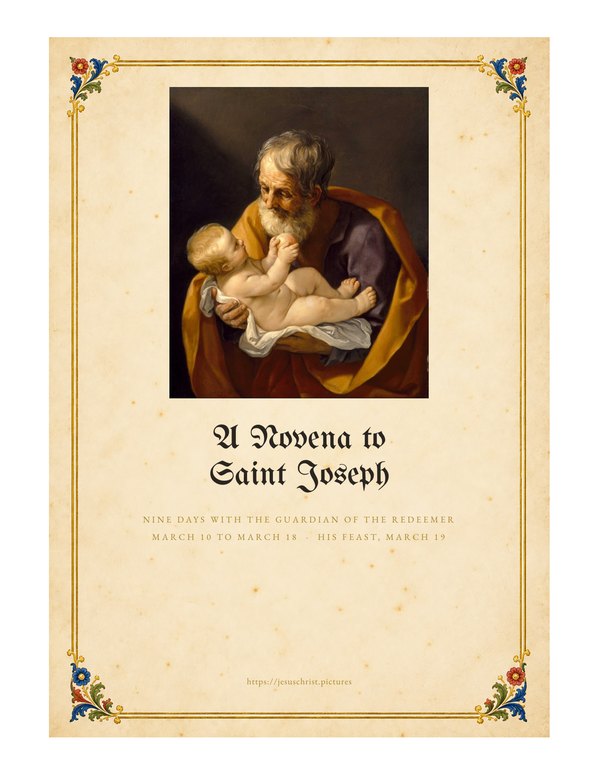 A Novena to Saint Joseph, cover of the free printable nine-day booklet in illuminated style