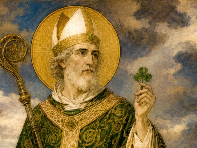 Saint Patrick with a white beard, a gold mitre and halo, holding his crozier and raising a three-leaved shamrock against a cloudy sky