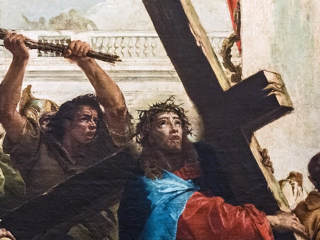 Jesus crowned with thorns takes up his cross and looks up to heaven while a man raises a bundle of rods behind him, detail of Tiepolo's second station