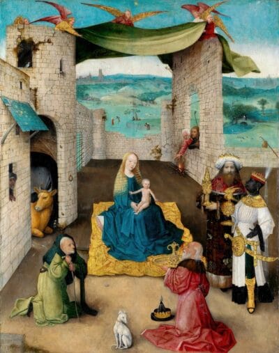The Adoration of the Magi, by Hieronymus Bosch, about 1475, the painting that inspired the coloring page