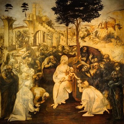 Adoration of the Magi, by Leonardo da Vinci, 1481, the painting that inspired the coloring page