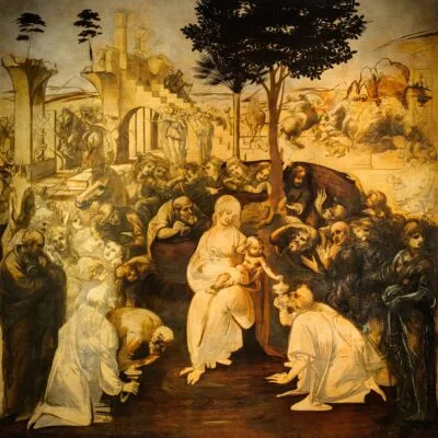Adoration of the Magi, by Leonardo da Vinci, 1481, the painting that inspired the coloring page