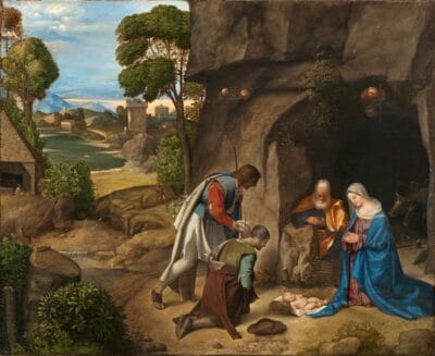 The Adoration of the Shepherds, by Giorgione, about 1505 to 1510, the painting that inspired the coloring page