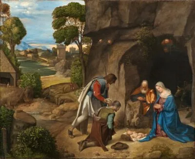 The Adoration of the Shepherds, by Giorgione, about 1505 to 1510, the painting that inspired the coloring page