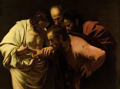 The Incredulity of Saint Thomas, by Caravaggio, about 1601 to 1602, the painting that inspired the coloring page