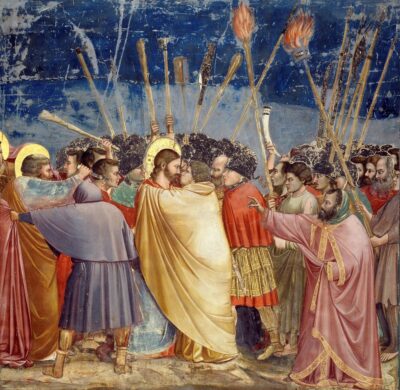 The Kiss of Judas, by Giotto, about 1305, the painting that inspired the coloring page