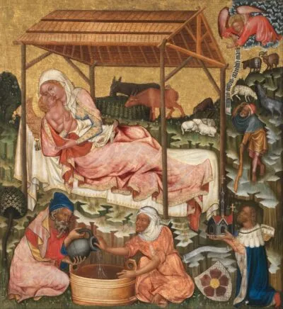 The Nativity, by Master of Vyšší Brod, about 1350, the painting that inspired the coloring page