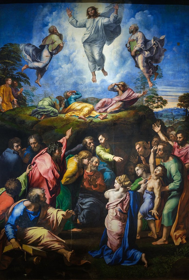 Raphael's Transfiguration: Christ rising in light between Moses and Elijah above the apostles and a crowd with a possessed boy