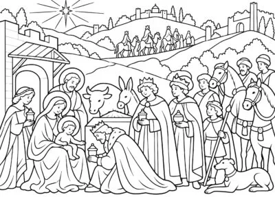 Adoration of the Magi coloring page inspired by Adoration of the Magi by Gentile da Fabriano, free printable Nativity line art