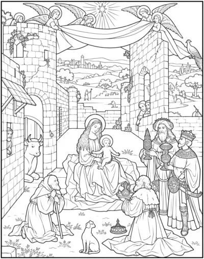 The Adoration of the Magi coloring page inspired by The Adoration of the Magi by Hieronymus Bosch, free printable Nativity line art