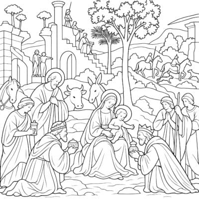 Adoration of the Magi coloring page inspired by Adoration of the Magi by Leonardo da Vinci, free printable Nativity line art