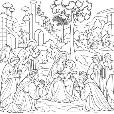 Adoration of the Magi coloring page inspired by Adoration of the Magi by Leonardo da Vinci, free printable Nativity line art